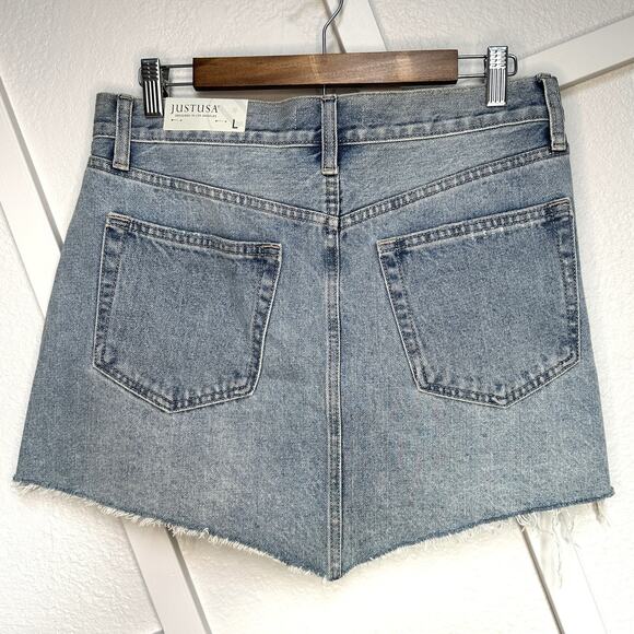 Just USA 90's Vintage Light Cotton Asymmetrical Hem Denim Mini Skirt Sz: L -NWT - Picture 2 of 9